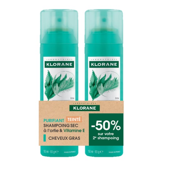 Klorane Shampooing Sec Ortie Cheveux Gras Châtains à Bruns 2x150ml