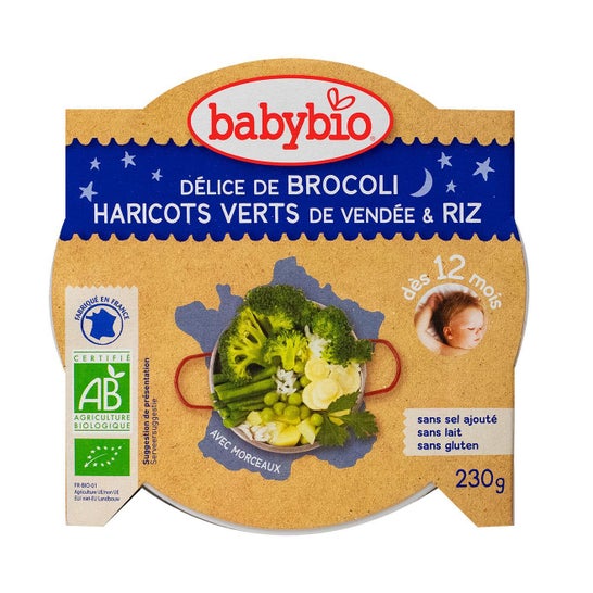 Babybio Assiette Bonne Nuit Bio Riz Brocoli et Haricots Verts du Val de Loire 230g