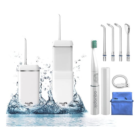 AquaPik Kit Mini Irrigador Bucal Portátil Viaje Carga Usb Blanco