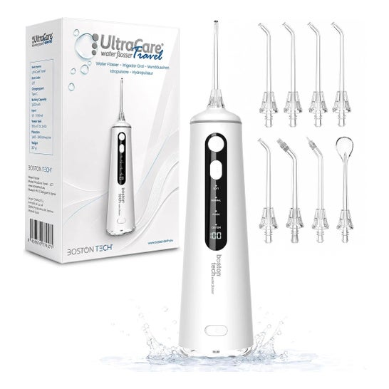 Irrigateur Dentaire ULTRA CARE Sans Fil Portable Professionnel - 8 Embouts - 4 Modes, IPX7 Blanc
