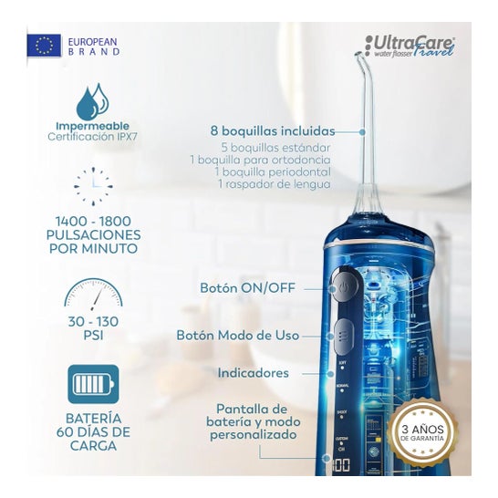 Irrigateur Dentaire ULTRA CARE Sans Fil Portable Professionnel - 8 Embouts - 4 Modes, IPX7 Blanc