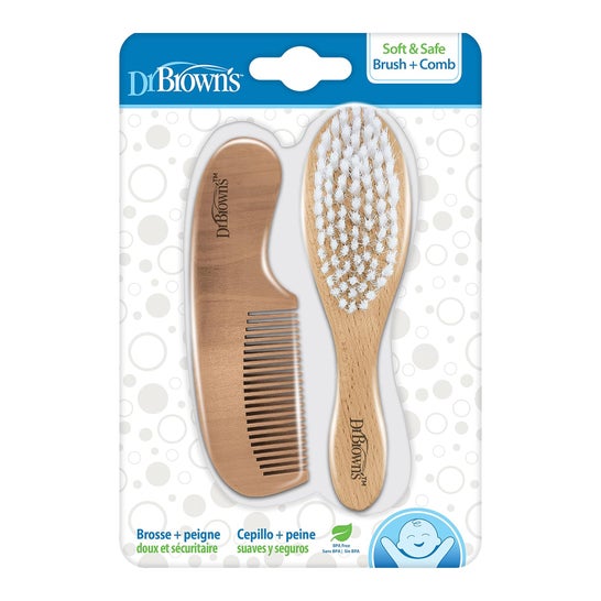 Dr. Brown'S Brosse Douce Sûr + Peigne Poignée Bois 2 uts