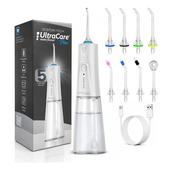 Irrigateur Dentaire Portable Aquapik UltraCare Plus 8 Embouts 5 Modes 300 ml (Blanc)