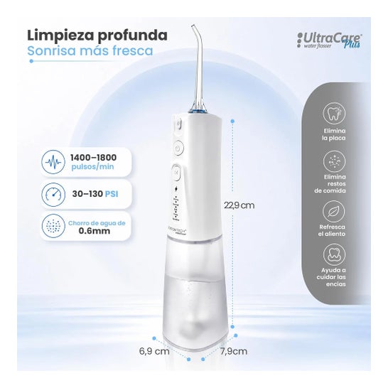 Irrigateur Dentaire Portable Aquapik UltraCare Plus 8 Embouts 5 Modes 300 ml (Blanc)