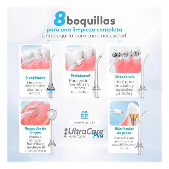 Irrigateur Dentaire Portable Aquapik UltraCare Plus 8 Embouts 5 Modes 300 ml (Blanc)