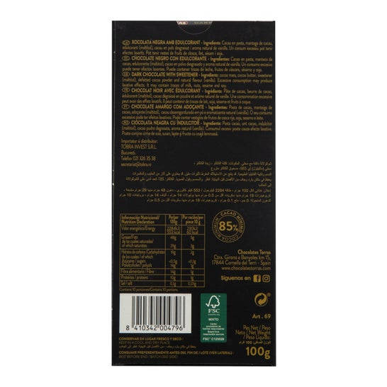 Torras Chocolate Negro 85% Zero 100g *