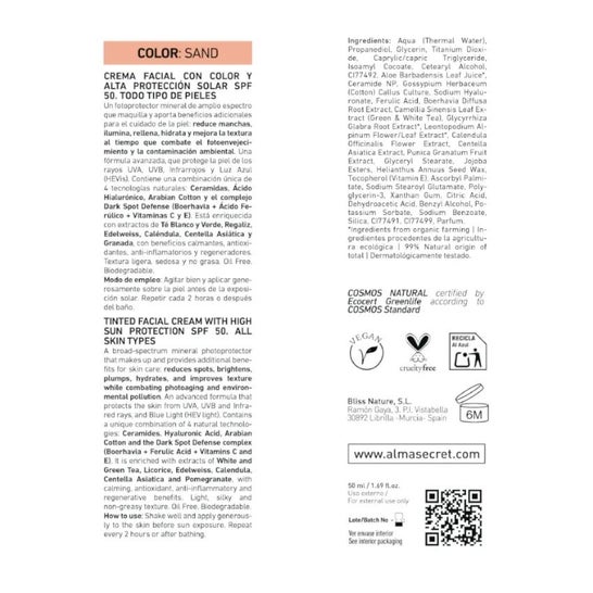 Alma Secret Crème Solaire Visage avec Couleur Spf50 Sable 50ml Alma Secret Crème Solaire Visage avec Couleur Spf50 Sable 50ml