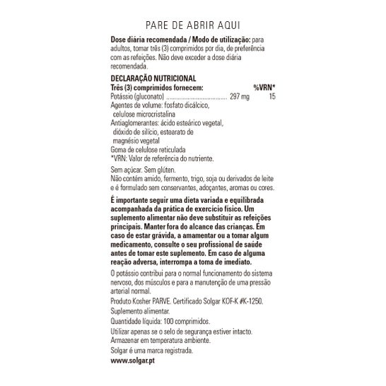 Solgar potassium en tant que comogluconate de 100comp
