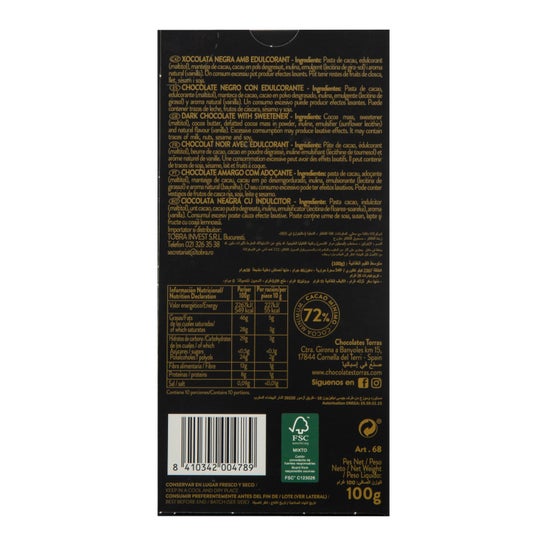 Torras Chocolate Negro 72% Zero 100g *