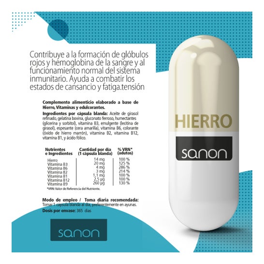 Sanon Fer + Acide Folique + Vitamines B12, B1, B2, B3 et B6 365caps