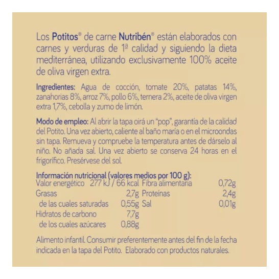 Nutribén Petits Pots Poulet Bœuf Légumes +6m 250g Nutribén Petits Pots Poulet Bœuf Légumes +6m 250g