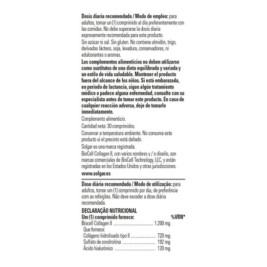Solgar Collagène Acide Hyaluronique Complexe 30 Comprimés