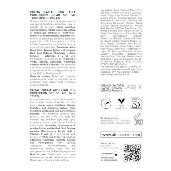 Alma Secret Crème Visage Haute Protection Solaire Spf50 50ml Alma Secret Crème Visage Haute Protection Solaire Spf50 50ml