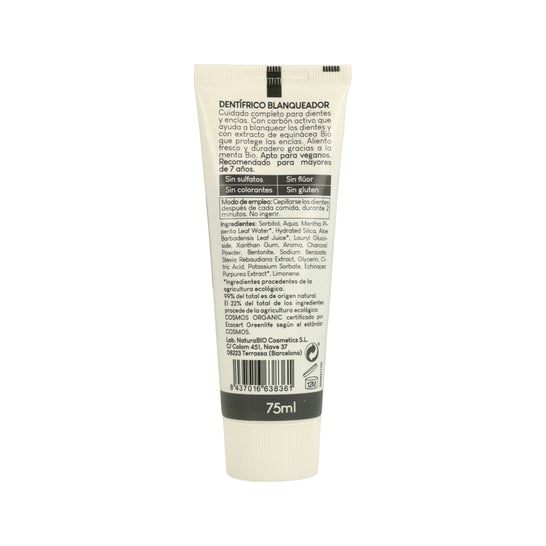 NaturaBio Cosmetics Dentifrice Blanchissant Menthe Bio et Charbon Actif 75ml