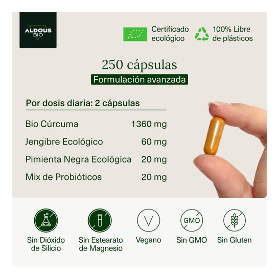 Aldous Bio Curcuma Gingembre & Poivre Noir + Probiotiques 250 Capsules