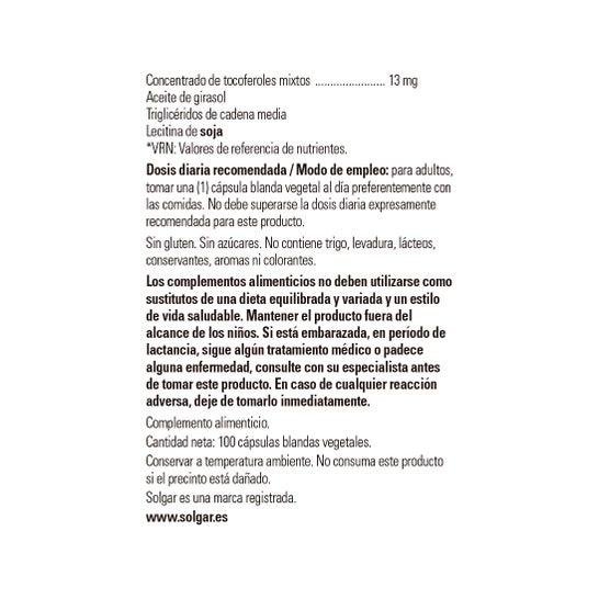 Solgar Vitamine E 200 UI 134mg 100 Gélules Végétales