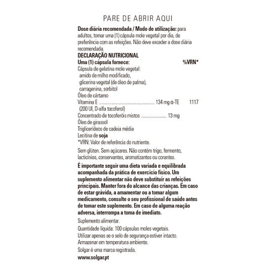 Solgar Vitamine E 200 UI 134mg 100 Gélules Végétales
