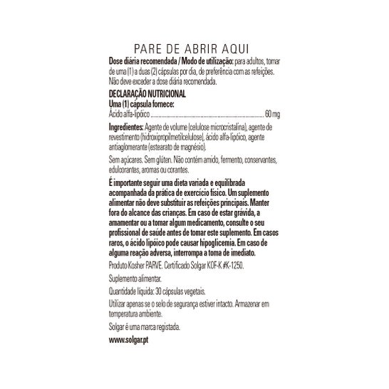 Solgar Acide Alpha Lipoïque 60mg 30 gélules Végétales
