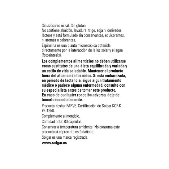 Solgar Spiruline Végétarienne 80Caps 750mg