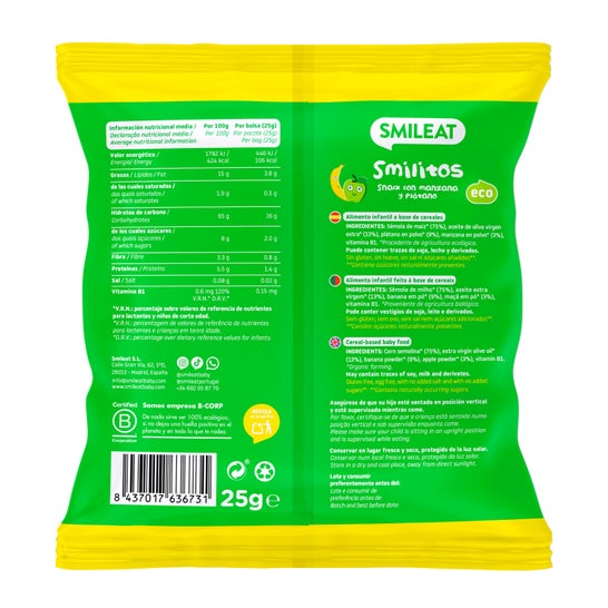 Smileat Smilitos de Manzana y Plátano Bio 25g