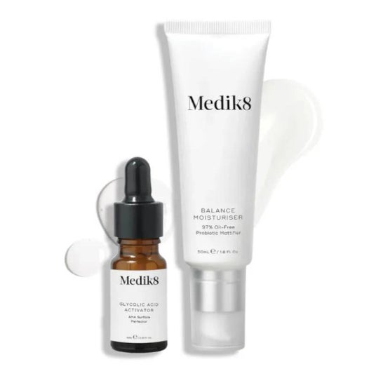 Medik8 Balance Moisturiser 10ml + Glycolic Acid Activator 50ml Medik8 Balance Moisturiser 10ml + Glycolic Acid Activator 50ml