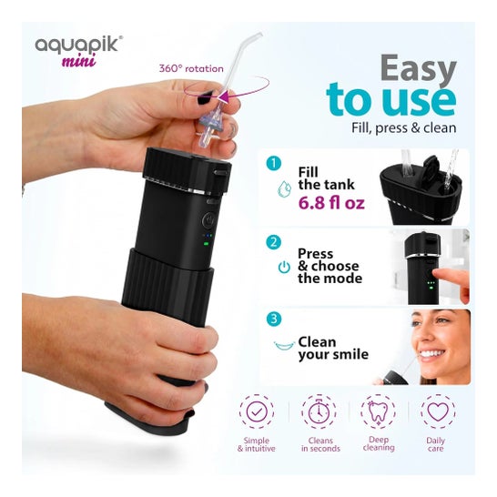 AquaPik Kit Mini Irrigateur Bucco-Dentaire Portable Voyage Charge USB Noir