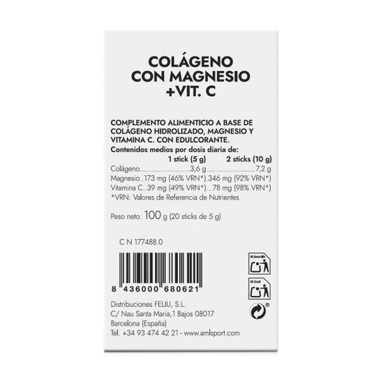 Amlsport Collagène avec Magnésium et Vitamine C Goût Fraise 20 bâtonnets