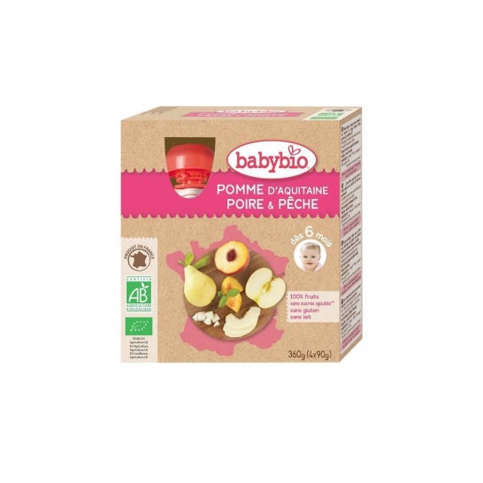 Babybio Mes fruits Gourde Pomme Poire Pêche Bio 6 mois 4x90g