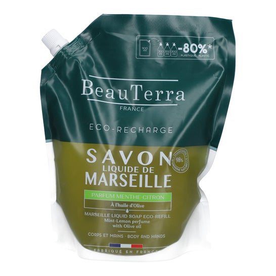 BeauTerra Savon Liquide Marseille Menthe Citron Recharge 900ml