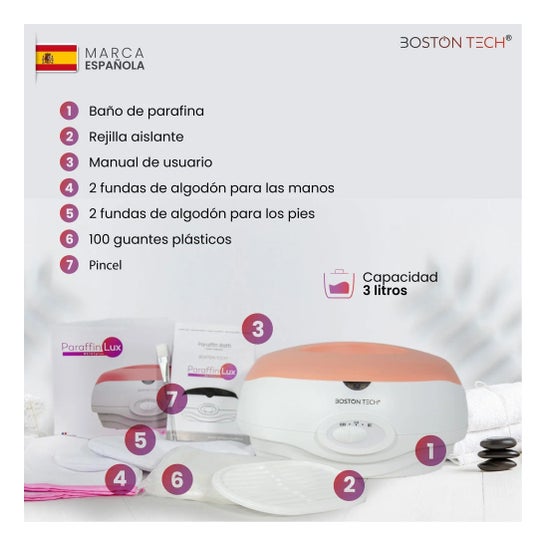 Boston Tech ParaffinLux Bain de Paraffine pour Mains 3L Rose Sans Cire