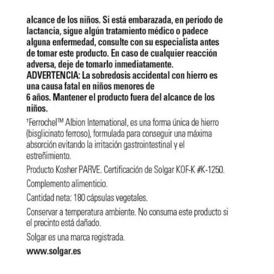 Solgar Fer doux (Fer bisglycinate) 180 C Solgar Fer doux (Fer bisglycinate) 180 C