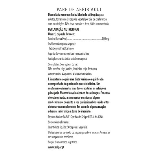 Solgar Taurine 500mg 50 gélules végétales
