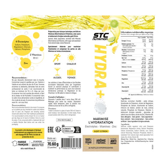 Stc Nutrition Hydra+ Citron 20 Comprimés Stc Nutrition Hydra+ Citron 20 Comprimés