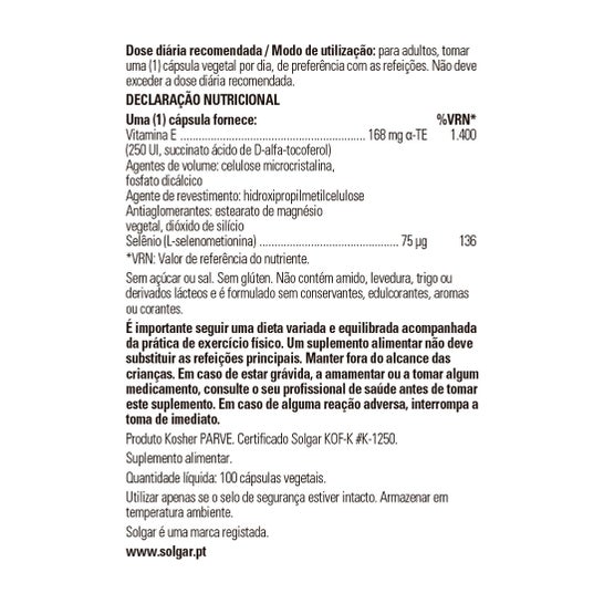 Solgar Vitamine E Avec Sélénium Sans Levure 100 Caps