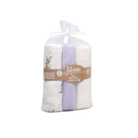 Kiokids Set Mousselines Lapins Lavande Blanc 70x70 cm