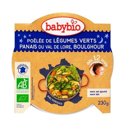 Babybio Bonne Nuit dès 12 Mois Assiette Légumes Verts Panais Boulghour 230 Grammes