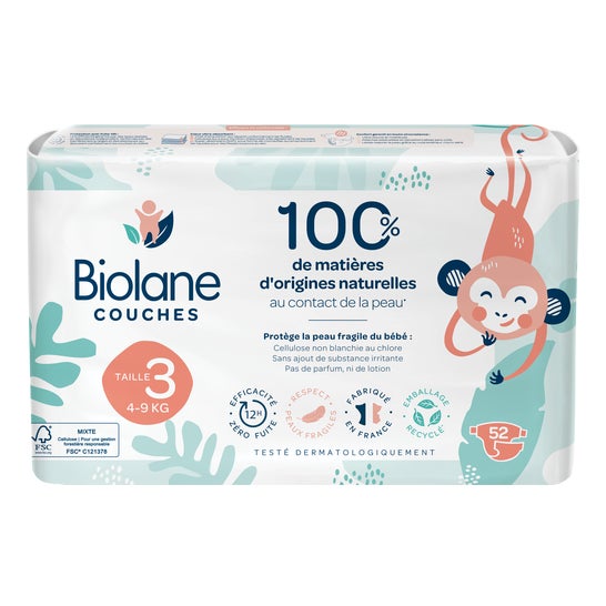 Biolane Couches Naturelles Bébé Taille 3 4-9kg 52 Unités