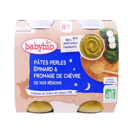 BabyBio Pâte Perles Épinard Fromage De Chèvre 8M+ Bio 2x200g