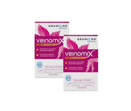 Granions| Veinomix Lot De 2 | Favorise La Sensation De Jambes LéGèRes Et Limite La RéTention D'eau | Vigne Rouge + Piloselle + Vitamines & OligoéLéMents | Marque FrançAise | 120 CompriméS-image