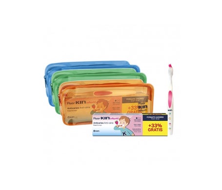 Fluor-Kin Infantil Pack pasta dentífrica fresa 75ml+25ml + cepillo dental + neceser