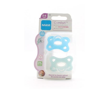 Mam Comfort Lot De 2 TéTines 2-12 Mois – Sucettes Ultra-Souples Et LéGèRes Pour Les Petits BéBéS – TéTines Orthodontiques 100% Silicone Mam Skinsoft Avec BoîTe De StéRilisation – Bleu/Vert D'eau-image