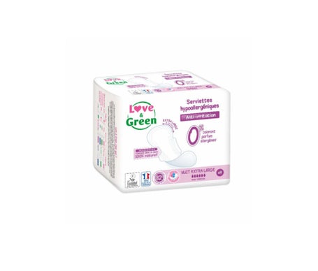 Love & Green Serviettes Hypoallergéniques Nuit Extra Large 9 Unités