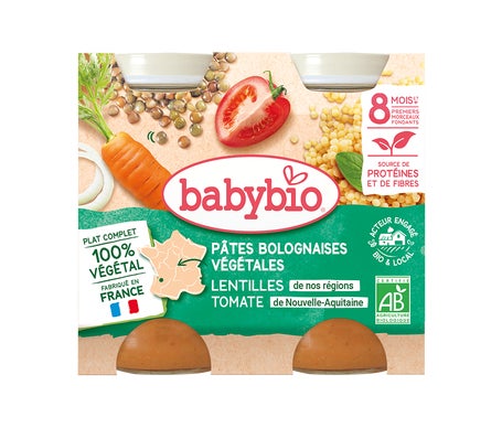BabyBio Pâtes Bolognaises Carottes Lentilles Tomates +8M 2x200g