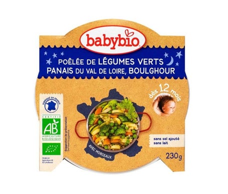 Babybio Bonne Nuit dès 12 Mois Assiette Légumes Verts Panais Boulghour 230 Grammes