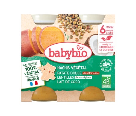 BabyBio Hachis Végétal Patate Douce Lentilles Lait de Coco 6M+ Bio 2x200 g