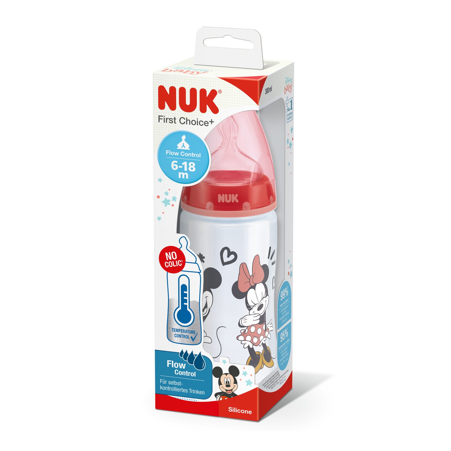 NUK First Choice + Biberon Temperature Control 300 ml 0-6 Mois Coeurs