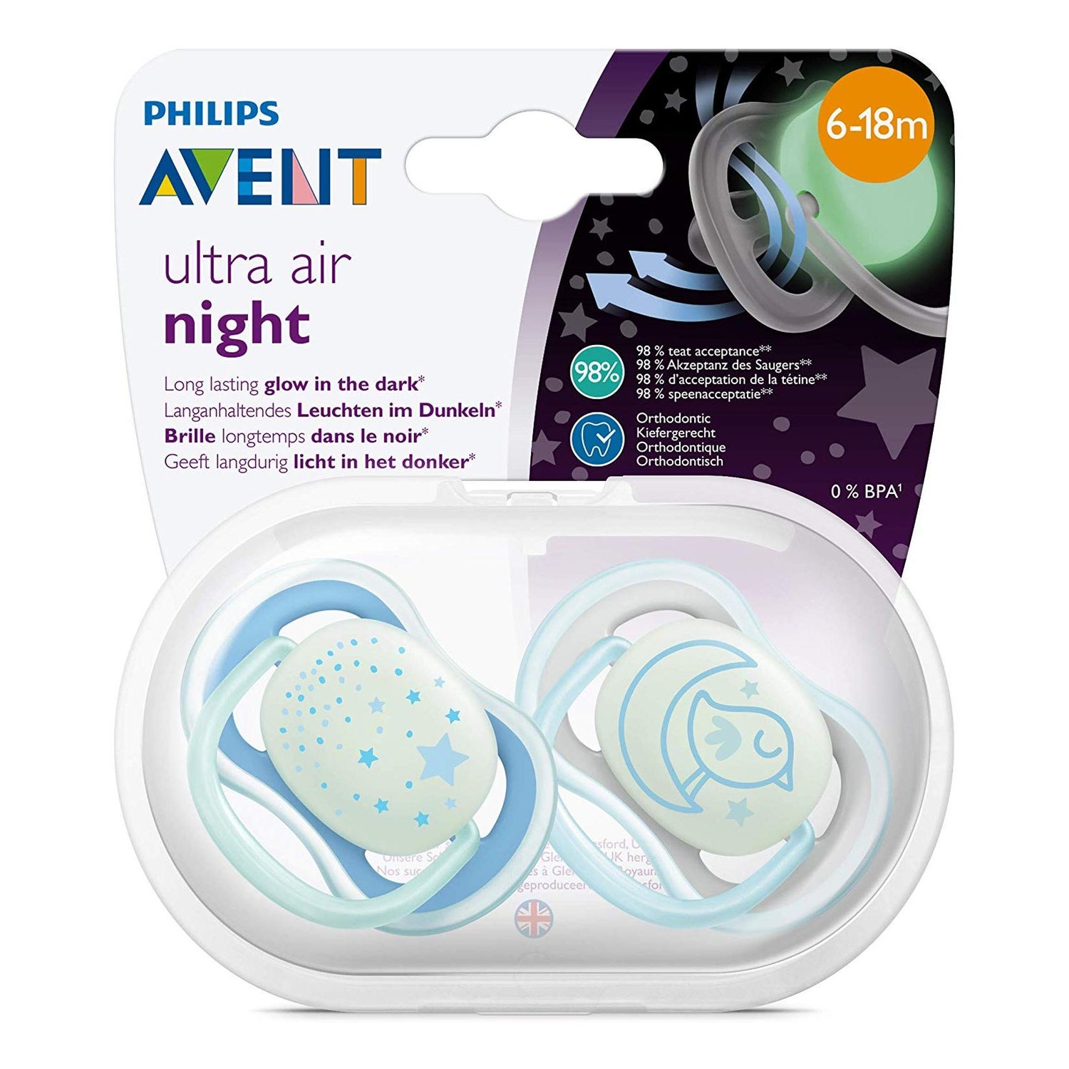 Philips Avent Sucette Air Nuit 6-18 Mois 2 Pièces - 2 Modèles –